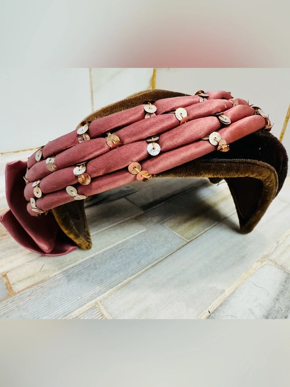 Vintage Brown Velvet Pillbox Hat Pink Satin Bow Sequin Trim Women’s Unbranded